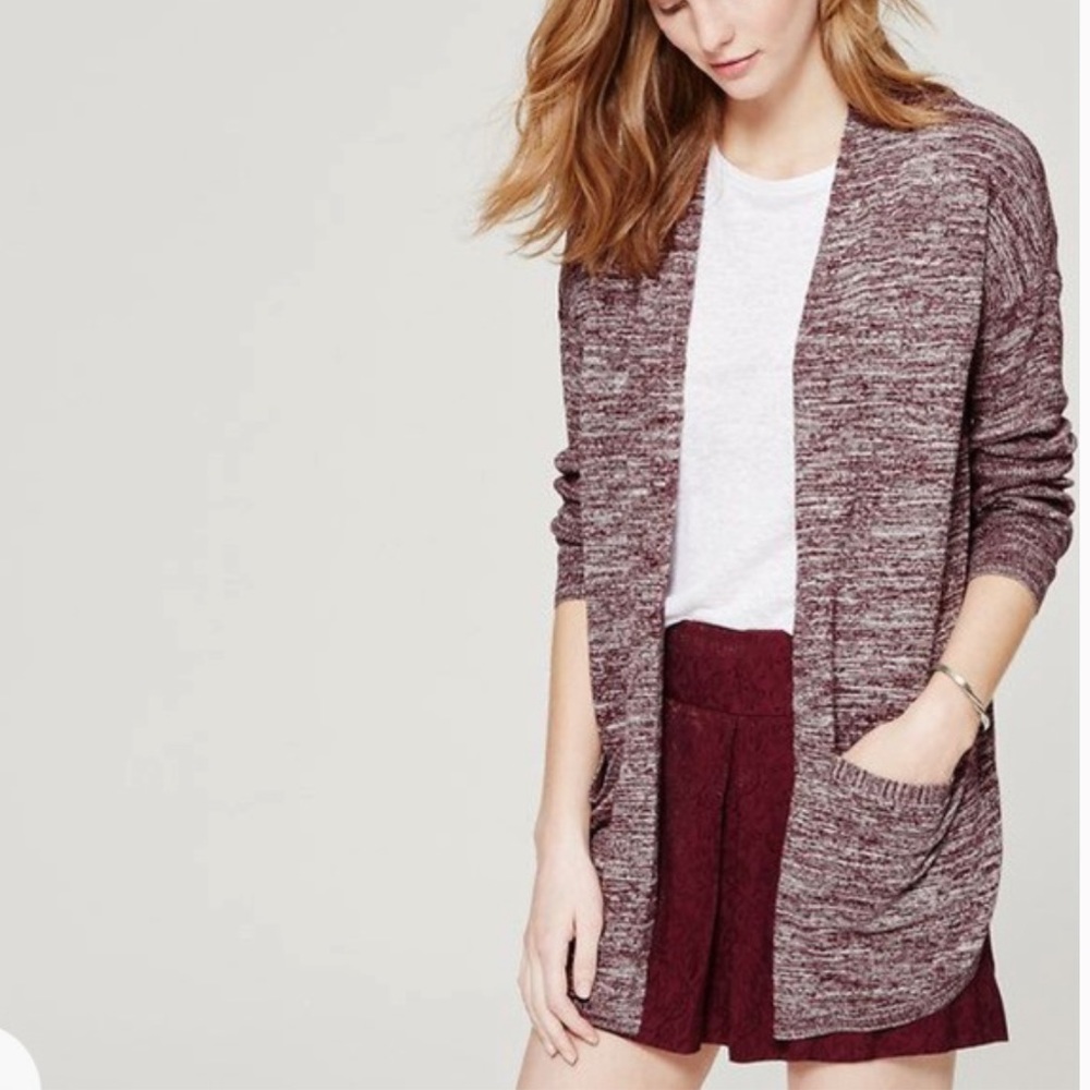 LOFT slouchy open front cardigan with pockets size small purple space dye color